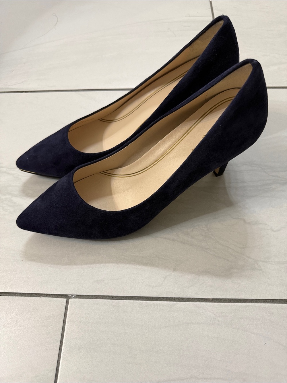 Cole Haan Navy Pointed-Toe Suede 3” pump Heels